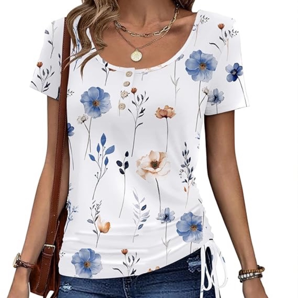 Zeagoo Short Sleeve Henley Floral Tunic - Size M